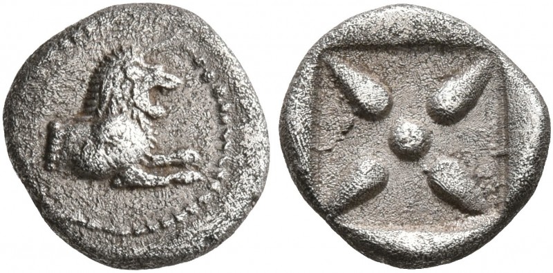 CARIA. Uncertain. 5th century BC. Hemiobol (Silver, 9 mm, 0.57 g). Forepart of a...