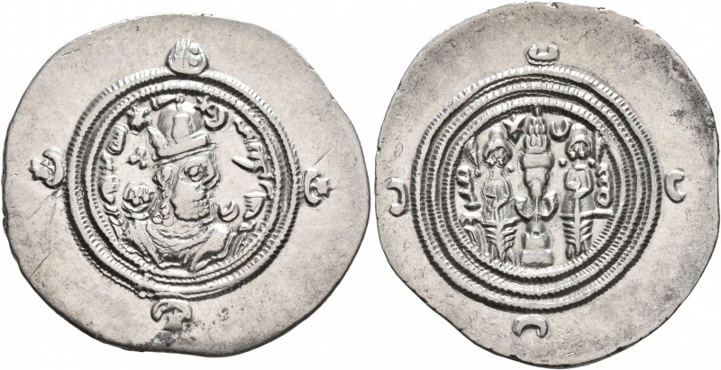 SASANIAN KINGS. Khosrau I, 531-579. Drachm (Silver, 30 mm, 4.00 g, 3 h), ST (Sta...