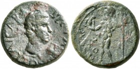 AEOLIS. Aegae. Britannicus, 41-55. Hemiassarion (Bronze, 16 mm, 3.94 g, 12 h), Chaleos, magistrate. BPЄTANNIKOC KAICAP Bare head of Britannicus to rig...