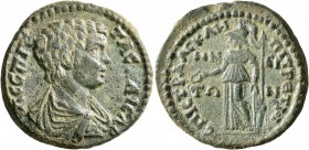 AEOLIS. Temnus. Geta, as Caesar, 198-209. Diassarion (Bronze, 25 mm, 9.44 g, 12 h), Asklepi..., magistrate. Λ CЄΠ ΓЄΤΑC KAICAP Bare-headed, draped and...