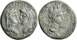 IONIA. Ephesus. Nero, with Poppaea, 54-68. Assarion (Bronze, 19 mm, 9.55 g, 1 h), M. Acilius Aviola, proconsul, and Aichmokles, magistrate, 65-66. ΝΕΡ...