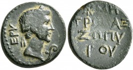 IONIA. Erythrae. Augustus, 27 BC-AD 14. 1/3 Assarion (Bronze, 15 mm, 2.54 g, 11 h), Metronax, son of Zopyros, circa 10 BC (?). EPY Laureate head of Au...