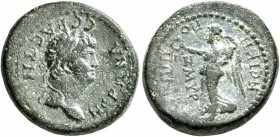 IONIA. Smyrna. Nero, with Poppaea, 54-68. Hemiassarion (Bronze, 17 mm, 3.59 g, 7 h), circa 62-65. ΝЄΡΩΝΑ ϹЄΒΑϹΤΟΝ Laureate head of Nero to right. Rev....