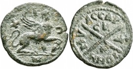 ISLANDS OFF IONIA, Chios. Pseudo-autonomous issue. 1.5 Assaria (Bronze, 22 mm, 4.52 g, 12 h), mid 3rd century AD. X-I-Ω-N Sphinx seated right, placing...