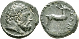 LYDIA. Acrasus. Pseudo-autonomous issue. 1/3 Assarion (Bronze, 13 mm, 2.44 g, 6 h), time of the Severans, 193-235. Head of Herakles to right. Rev. AKP...
