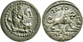 LYDIA. Bagis. Pseudo-autonomous issue. 1/3 Assarion (Orichalcum, 15 mm, 1.88 g, 6 h), time of Septimius Severus, 193-211. Head of Herakles to right, l...