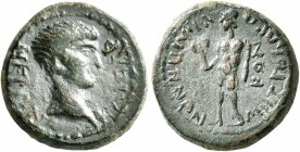 LYDIA. Hypaepa. Nero, 54-68. Hemiassarion (Orichalcum, 15 mm, 3.47 g, 1 h), Metrodoros Kon., magistrate, circa 55. ΝΕΡΩΝ ΚΑΙΣΑΡ Bare head of Nero to r...