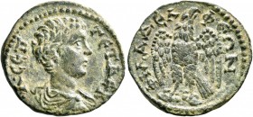 LYDIA. Philadelphia. Geta, as Caesar, 198-209. Hemiassarion (Bronze, 19 mm, 2.85 g, 6 h). Λ•CЄΠ•ΓЄTAC•K Bare-headed, draped and cuirassed bust of Geta...