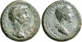 LYDIA. Thyateira. Claudius, with Agrippina Junior, 41-54. Hemiassarion (Bronze, 20 mm, 5.54 g, 12 h), circa 50-54. ΤΙ ΚΛΑΥΔΙΟϹ ΚΑΙϹΑΡ ϹЄΒΑϹΤΟϹ Bare he...