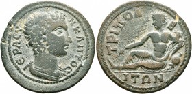 LYDIA. Tripolis. Pseudo-autonomous issue. Tetrassarion (Bronze, 32 mm, 16.46 g, 2 h), circa 200-250. IЄPA CYNKΛHTOC Draped bust of the Roman Senate to...