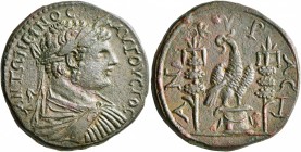 GALATIA. Ancyra. Caracalla, 198-217. Tetrassarion (Orichalcum, 28 mm, 15.72 g, 6 h). ANTΩΝΙΝΟC ΑYΓΟYCTOC Laureate, draped and cuirassed bust of Caraca...