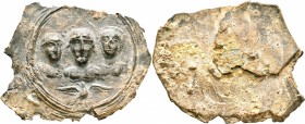 ASIA MINOR. Uncertain. Uniface Plaquette (Lead, 59 mm, 55.58 g), circa 1st-3rd centuries. Facing busts of the Capitoline Triad: Jupiter, nude, between...