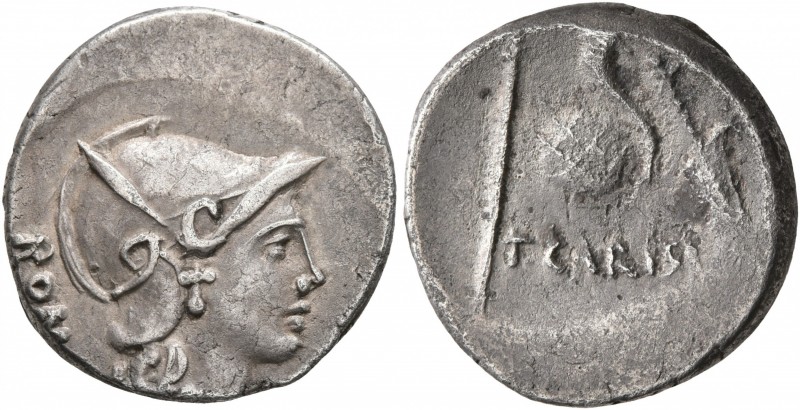 T. Carisius, 46 BC. Denarius (Silver, 16 mm, 3.95 g, 6 h), Rome. ROMA Head of Ro...