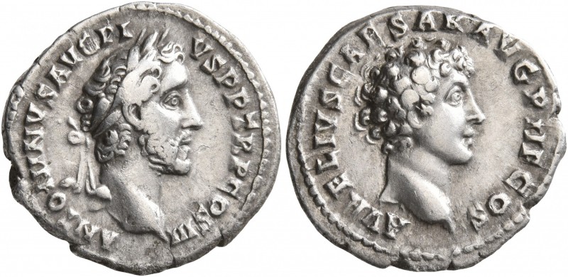 Antoninus Pius, with Marcus Aurelius as Caesar, 138-161. Denarius (Silver, 18 mm...