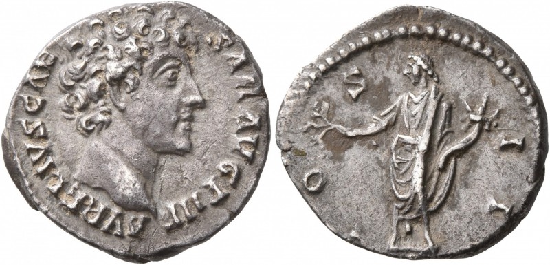 Marcus Aurelius, as Caesar, 139-161. Denarius (Silver, 18 mm, 3.28 g, 7 h), Rome...