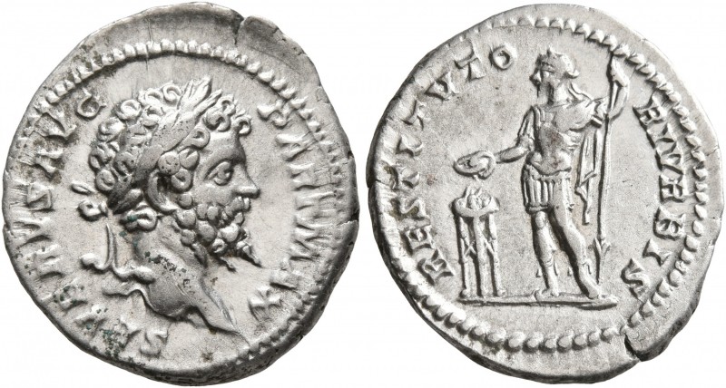 Septimius Severus, 193-211. Denarius (Silver, 20 mm, 3.21 g, 6 h), Rome, 200-201...