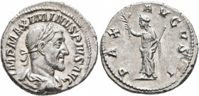 Maximinus I, 235-238. Denarius (Silver, 19 mm, 2.86 g, 12 h), Rome, 235-236. IMP MAXIMINVS PIVS AVG Laureate, draped and cuirassed bust of Maximinus I...