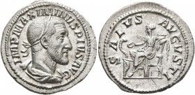 Maximinus I, 235-238. Denarius (Silver, 20 mm, 2.80 g, 6 h), Rome, 236. IMP MAXIMINVS PIVS AVG Laureate, draped and cuirassed bust of Maximinus I to r...