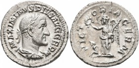 Maximinus I, 235-238. Denarius (Silver, 20 mm, 3.00 g, 5 h), Rome, 236-237. MAXIMINVS PIVS AVG GERM Laureate, draped and cuirassed bust of Maximinus I...