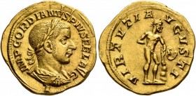 Gordian III, 238-244. Aureus (Gold, 20 mm, 4.74 g, 5 h), Rome, 241-243. IMP GORDIANVS PIVS FEL AVG Laureate, draped and cuirassed bust of Gordian III ...
