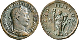 Philip I, 244-249. Sestertius (Orichalcum, 29 mm, 21.00 g, 12 h), Rome, 247. IMP M IVL PHILIPPVS AVG Laureate, draped and cuirassed bust of Philip I t...