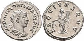 Philip II, 247-249. Antoninianus (Silver, 21 mm, 5.12 g, 1 h), Antiochia, 249. IMP M IVL PHILIPPVS AVG Radiate, draped and cuirassed bust of Philip II...