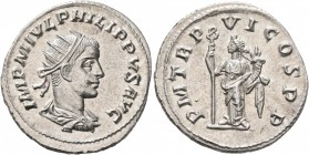 Philip II, 247-249. Antoninianus (Silver, 23 mm, 3.91 g, 7 h), Antiochia, 249. IMP M IVL PHILIPPVS AVG Radiate, draped and cuirassed bust of Philip II...