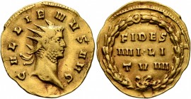 Gallienus, 253-268. Binio (Gold, 20 mm, 4.00 g, 1 h), Mediolanum, 262. GALLIENVS AVG Radiate head of Gallienus to right. Rev. FIDES / MILI/TVM in thre...