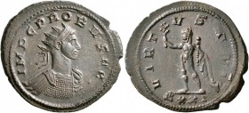Probus, 276-282. Antoninianus (Bronze, 25 mm, 3.92 g, 5 h), Ticinum, 279. IMP C PROBVS AVG Radiate and cuirassed bust of Probus to right. Rev. VIRTVS ...