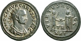 Carus, 282-283. Antoninianus (Silvered bronze, 22 mm, 4.32 g, 5 h), Tripolis. IMP C M AVR CARVS P F AVG Radiate and cuirassed bust of Carus to right. ...