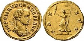 Carus, 282-283. Aureus (Gold, 20 mm, 4.57 g, 6 h), Cyzicus, 282. IMP C M AVR CARVS P F AVG Laureate, draped and cuirassed bust of Carus to right. Rev....