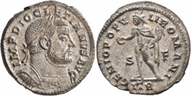 Diocletian, 284-305. Follis (Silvered bronze, 28 mm, 8.53 g, 7 h), Treveri, circa 302-303. IMP DIOCLETIANVS AVG Laureate and cuirassed bust of Dioclet...