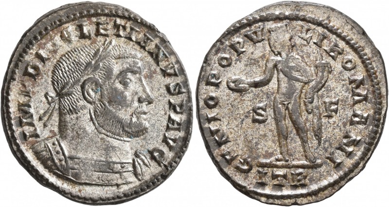 Diocletian, 284-305. Follis (Silvered bronze, 28 mm, 10.42 g, 6 h), Treveri, cir...