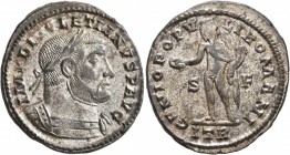 Diocletian, 284-305. Follis (Silvered bronze, 28 mm, 10.42 g, 6 h), Treveri, circa 302-303. IMP DIOCLETIANVS P AVG Laureate and cuirassed bust of Dioc...