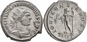 Maximianus, first reign, 286-305. Antoninianus (Silvered bronze, 22 mm, 3.67 g, 6 h), Ticinum, 287. IMP C M A VAL MAXIMIANVS P F AVG Radiate, draped a...