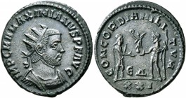 Maximianus, first reign, 286-305. Antoninianus (Bronze, 20 mm, 3.88 g, 12 h), Antiochia, 293. IMP C M A MAXIMIANVS P F AVG Radiate, draped and cuirass...