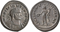 Galerius, as Caesar, 293-305. Follis (Silvered bronze, 28 mm, 11.40 g, 7 h), Londinium, 300. MAXIMINVS NOB CAES Laureate and cuirassed bust of Galeriu...