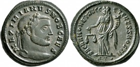 Galerius, as Caesar, 293-305. Follis (Bronze, 27 mm, 10.35 g, 7 h), Ticinum, circa 300-303. MAXIMIANVS NOB CAES Laureate head of Galerius to right. Re...