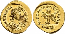 Anastasius I, 491-518. Tremissis (Gold, 15 mm, 1.50 g, 6 h), Constantinopolis. D N ANASTASIVS P P AVG Pearl-diademed, draped and cuirassed bust of Ana...