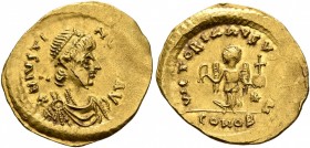 Justin I, 518-527. Tremissis (Gold, 16 mm, 1.48 g, 7 h), Constantinopolis. D N IVSTINV[S P P] AVI Diademed, draped and cuirassed bust of Justin I to r...