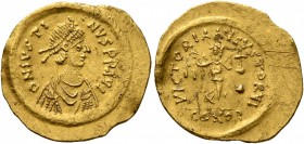 Justin I, 518-527. Tremissis (Gold, 17 mm, 1.50 g, 6 h), Constantinopolis. D N IVSTINVS P P AVI Diademed, draped and cuirassed bust of Justin I to rig...