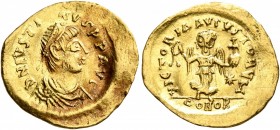 Justin I, 518-527. Tremissis (Gold, 15 mm, 1.48 g, 6 h), Constantinopolis. D N IVSTINVS P P AVI Diademed, draped and cuirassed bust of Justin I to rig...