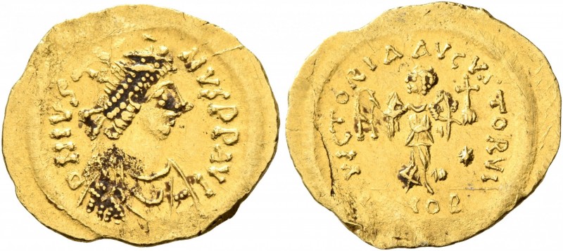 Justin I, 518-527. Tremissis (Gold, 16 mm, 1.50 g, 7 h), Constantinopolis. D N I...