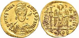 Justinian I, 527-565. Solidus (Gold, 20 mm, 4.50 g, 6 h), Constantinopolis, 527-538. D N IVSTINIANVS P P AVG Helmeted, diademed and cuirassed bust of ...