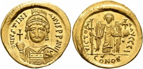 Justinian I, 527-565. Solidus (Gold, 20 mm, 4.47 g, 6 h), Constantinopolis, circa 538-545. D N IVSTINIANVS P P AVG Helmeted and cuirassed bust of Just...