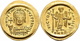 Justinian I, 527-565. Solidus (Gold, 21 mm, 4.47 g, 7 h), Constantinopolis, circa 538-545. D N IVSTINIANVS P P AVG Helmeted and cuirassed bust of Just...