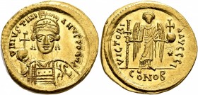 Justinian I, 527-565. Solidus (Gold, 21 mm, 4.38 g, 7 h), Constantinopolis, circa 538-545. D N IVSTINIANVS P P AVG Helmeted and cuirassed bust of Just...