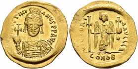 Justinian I, 527-565. Solidus (Gold, 22 mm, 4.49 g, 6 h), Constantinopolis, circa 538-545. D N IVSTINIANVS P P AVG Helmeted and cuirassed bust of Just...