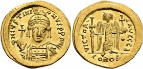 Justinian I, 527-565. Solidus (Gold, 21 mm, 4.45 g, 6 h), Constantinopolis, circa 538-545. D N IVSTINIANVS P P AVG Helmeted and cuirassed bust of Just...