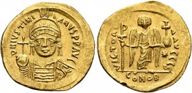 Justinian I, 527-565. Solidus (Gold, 20 mm, 4.39 g, 7 h), Constantinopolis, 545-565. D N IVSTINIANVS P P AVI Helmeted and cuirassed bust of Justinian ...